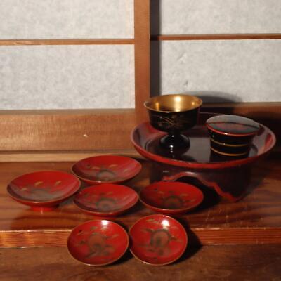 Japanese Vintage wooden Makie Red lacquer plate bowl Natsume set WBX206