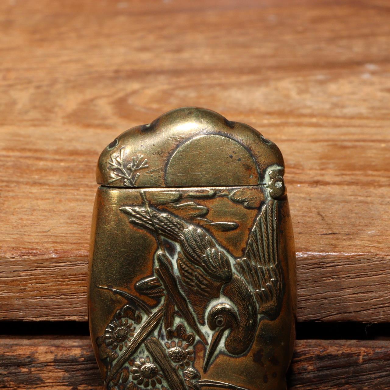 Japanese Antique Brass Match case Safe Holder Striker bird Meiji period VG300