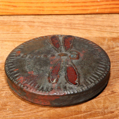 Korean Antique copper Vermilion Ink pad case container dragonfly design Incense