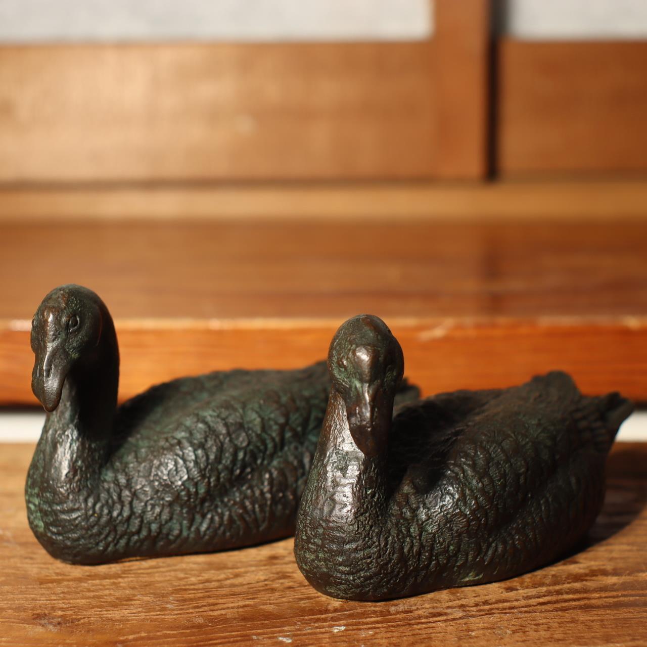 Japanese Bronze Duck pair statue Ornament okimono BOS740