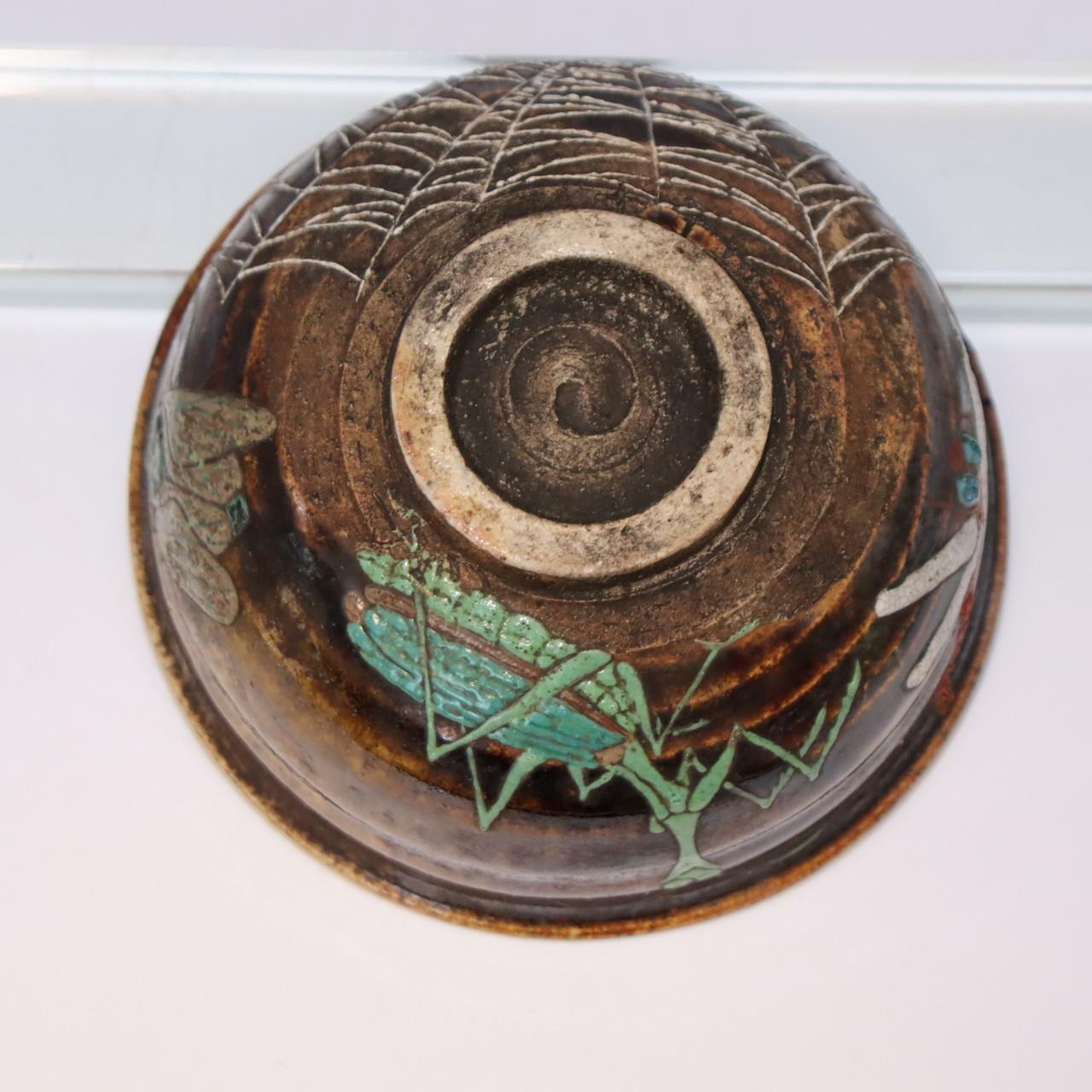 Japanese Seto ware Pottery Tea Bowl Dragonfly Mantis design signed w / box KST29