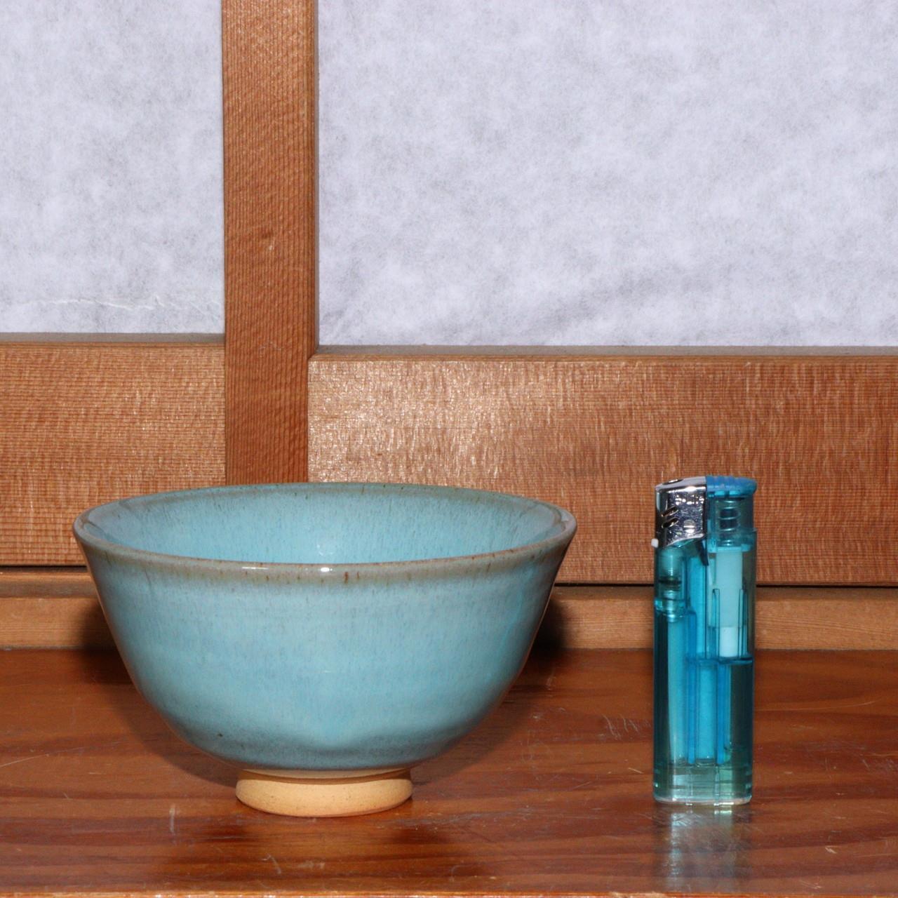 Japanese Blue Tea Bowl pottery Sado Wada Touzan signed PCP163