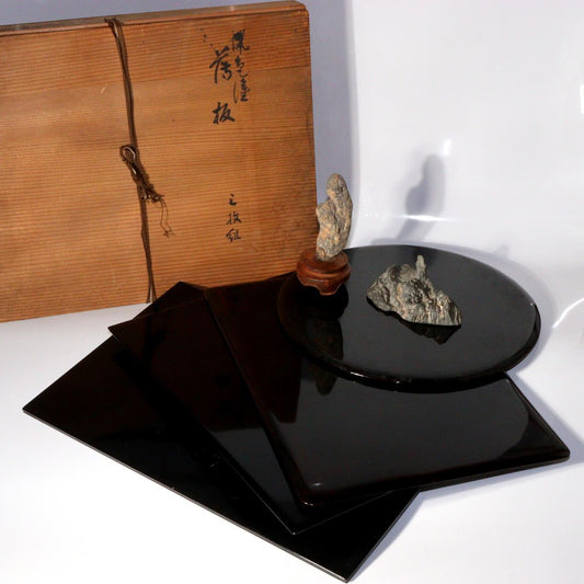 Japanese wooden Bonsai board Tea utensils Suiseki lacquer round  w box WO184