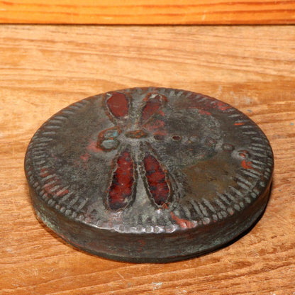 Korean Antique copper Vermilion Ink pad case container dragonfly design Incense