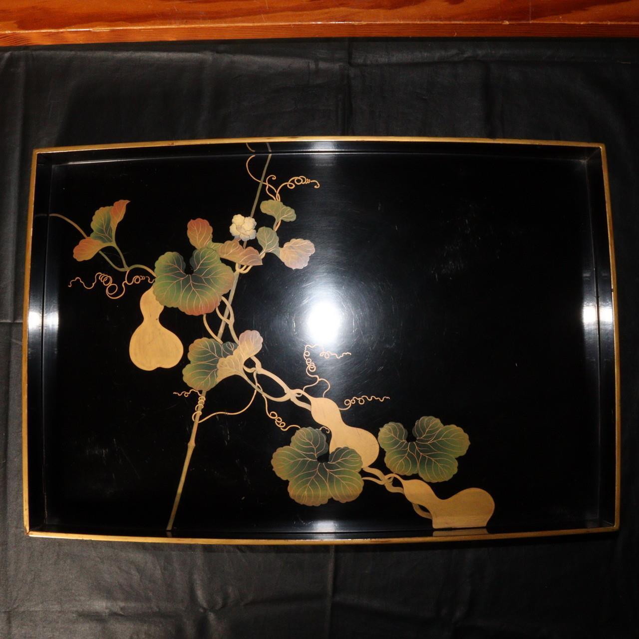 Japanese wooden Tray Two Gold Makie gourd design Black lacquer Tray WBX178