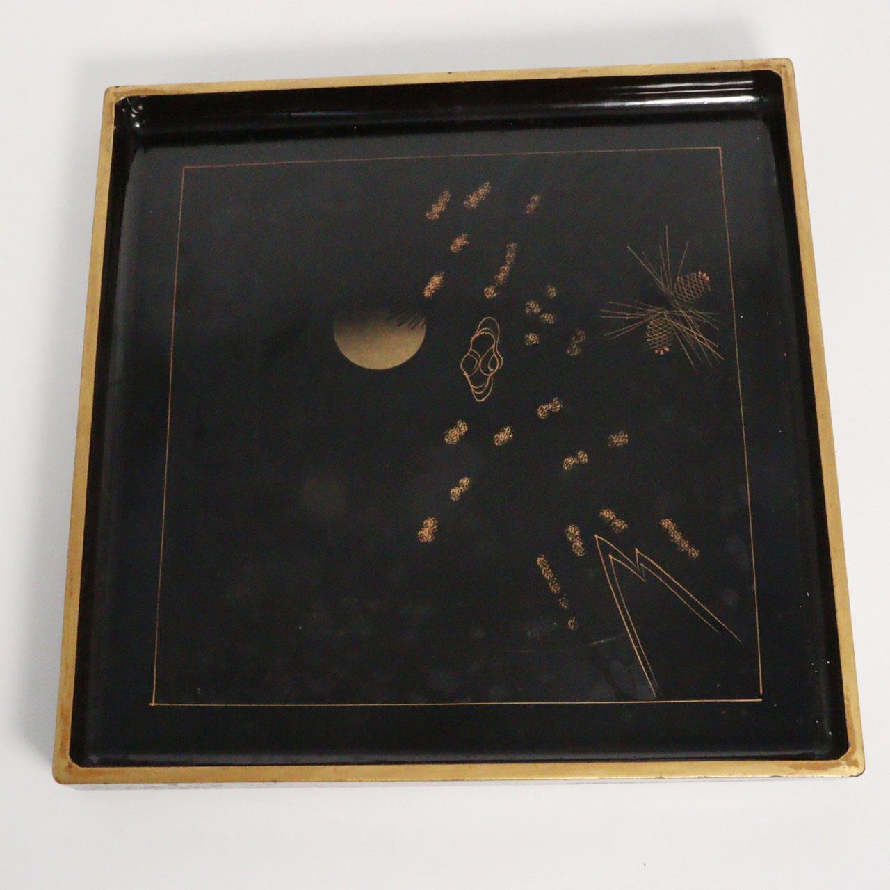 Japanese Meiji wooden Tray 3 set Gold Makie Pinecone design lacquer Obon WBX122