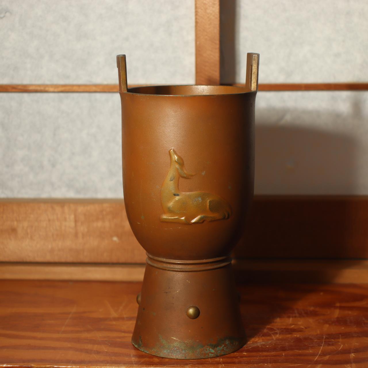 Japanese Vintage Bronze Flower Vase deer pattern Churoku Neya signed w/box BV458
