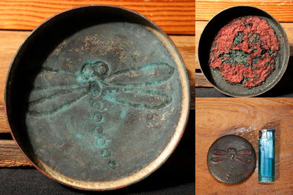 Korean Antique copper Vermilion Ink pad case container dragonfly design Incense