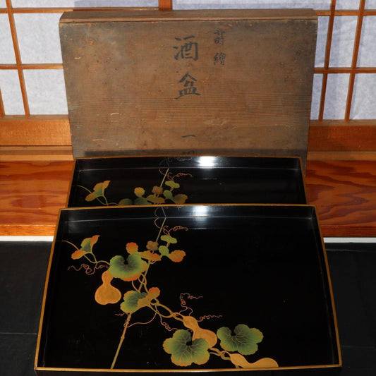 Japanese wooden Tray Two Gold Makie gourd design Black lacquer Tray WBX178
