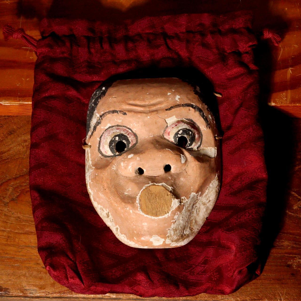 Japanese Antique wooden Hyottoko Noh mask Kyogen Kagura mask w / bag MSK448