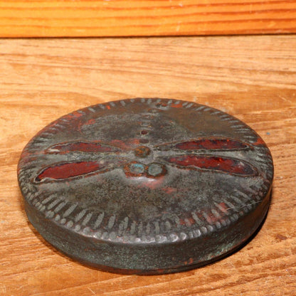 Korean Antique copper Vermilion Ink pad case container dragonfly design Incense