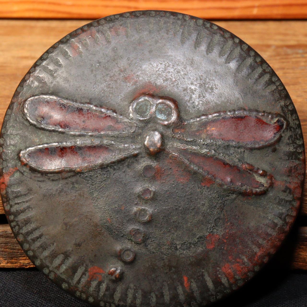 Korean Antique copper Vermilion Ink pad case container dragonfly design Incense