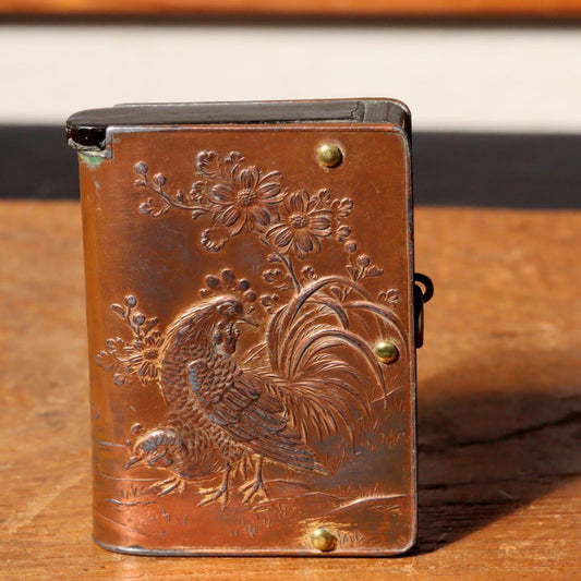 Japanese Antique Brass Match case Safe Holder Chicken fiower Meiji period VG301